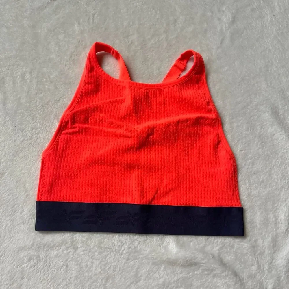 Fabletics Vibrant Orange sports bra with navy band small medium activewear gym